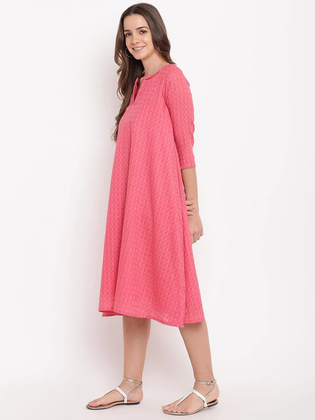 Brick Pink Dobby Grid Flared Dress