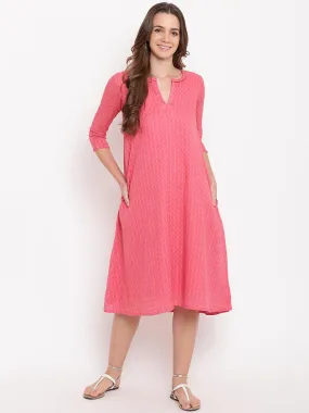 Brick Pink Dobby Grid Flared Dress