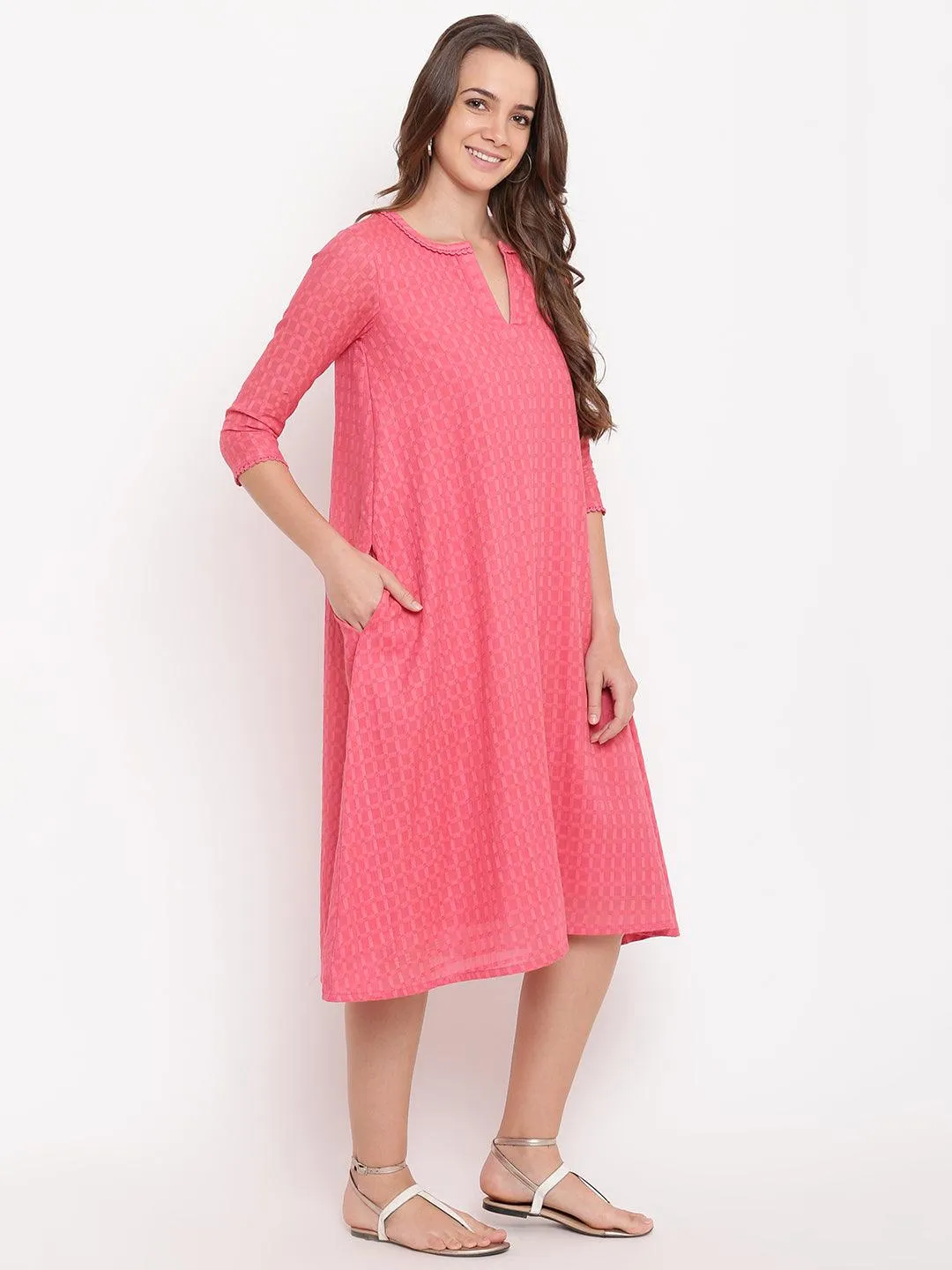 Brick Pink Dobby Grid Flared Dress