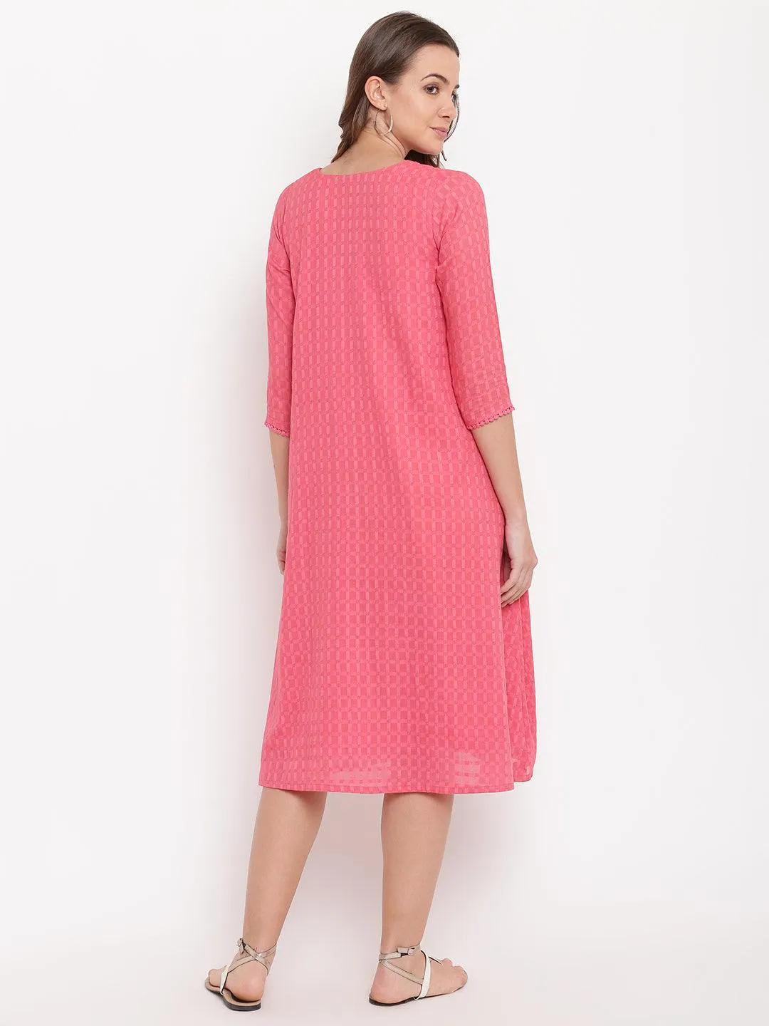 Brick Pink Dobby Grid Flared Dress