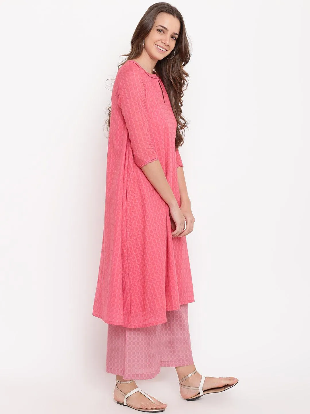 Brick Pink Grid Dobby Kurta-Contrast Palazzo