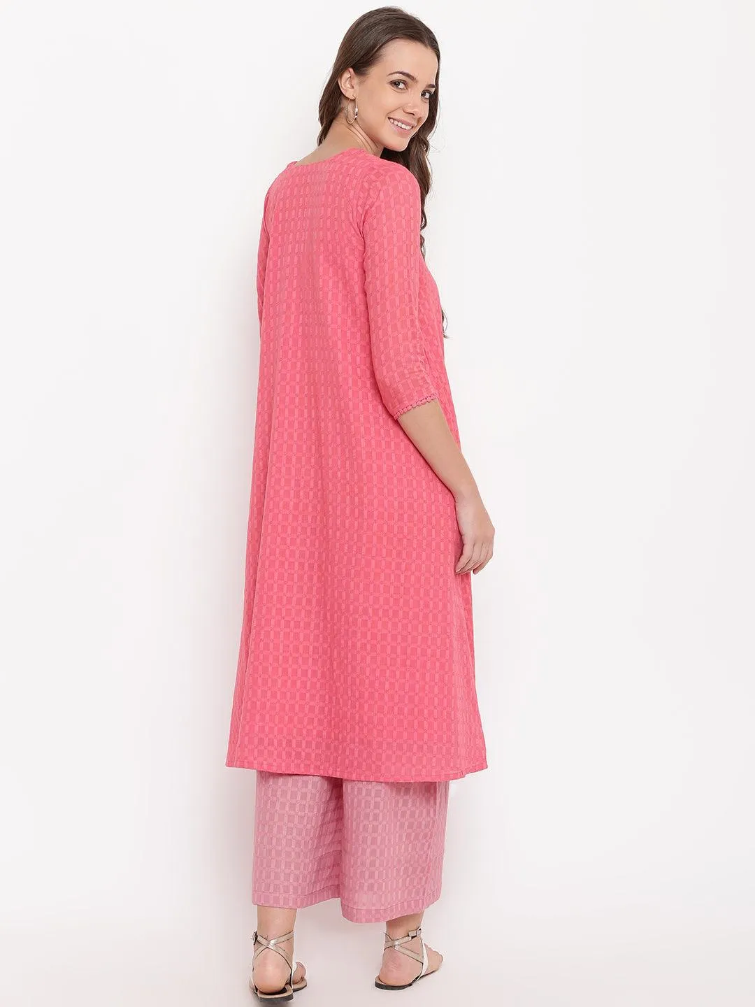 Brick Pink Grid Dobby Kurta-Contrast Palazzo