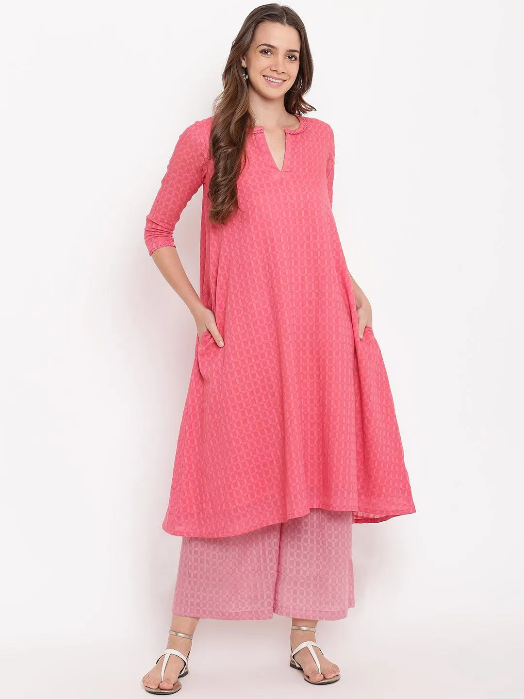 Brick Pink Grid Dobby Kurta-Contrast Palazzo