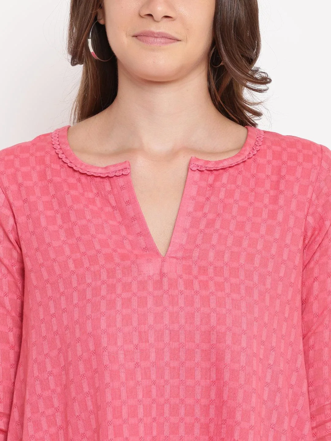 Brick Pink Grid Dobby Kurta-Contrast Palazzo