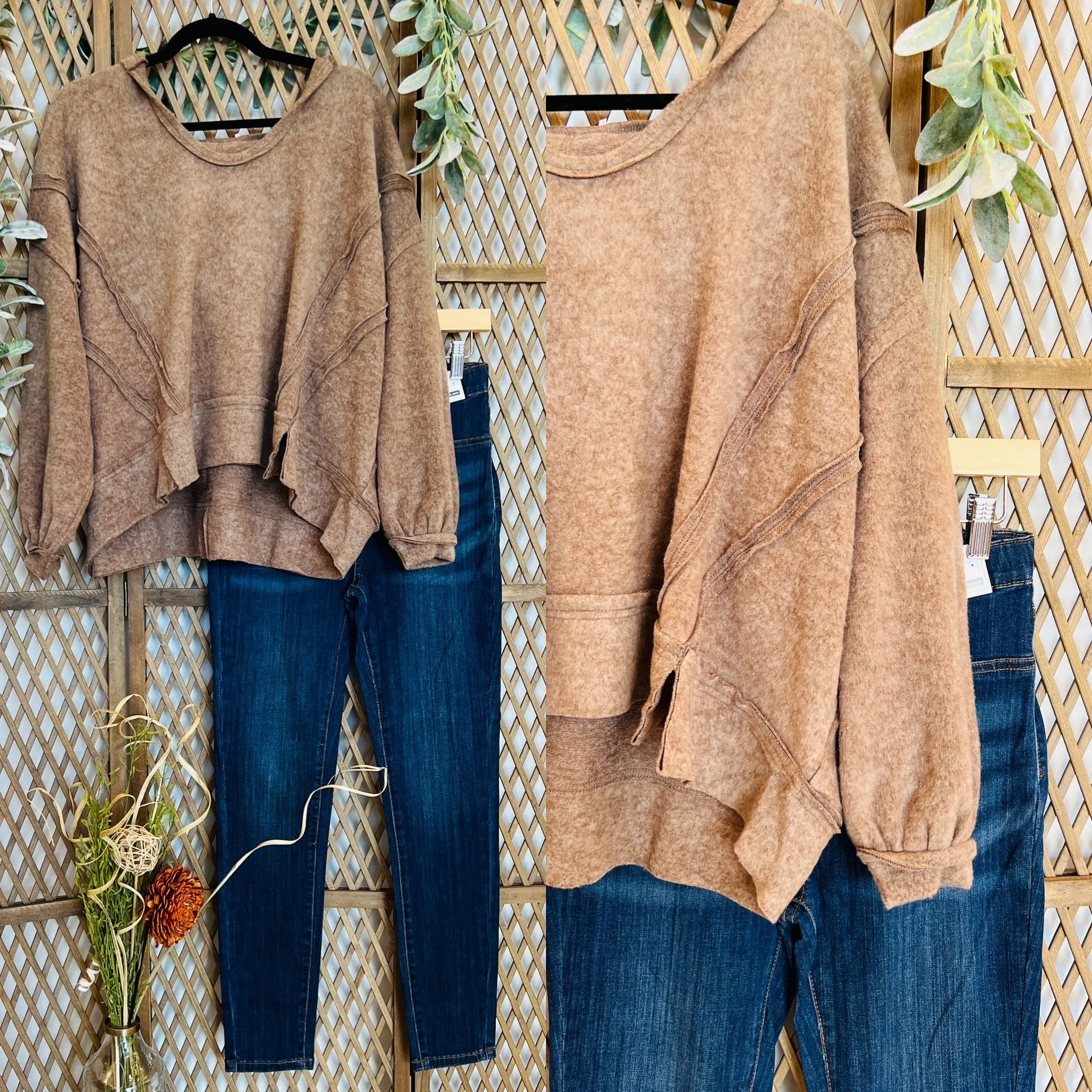 Brushed Hacci Balloon Sleeve Hoodie: Mocha