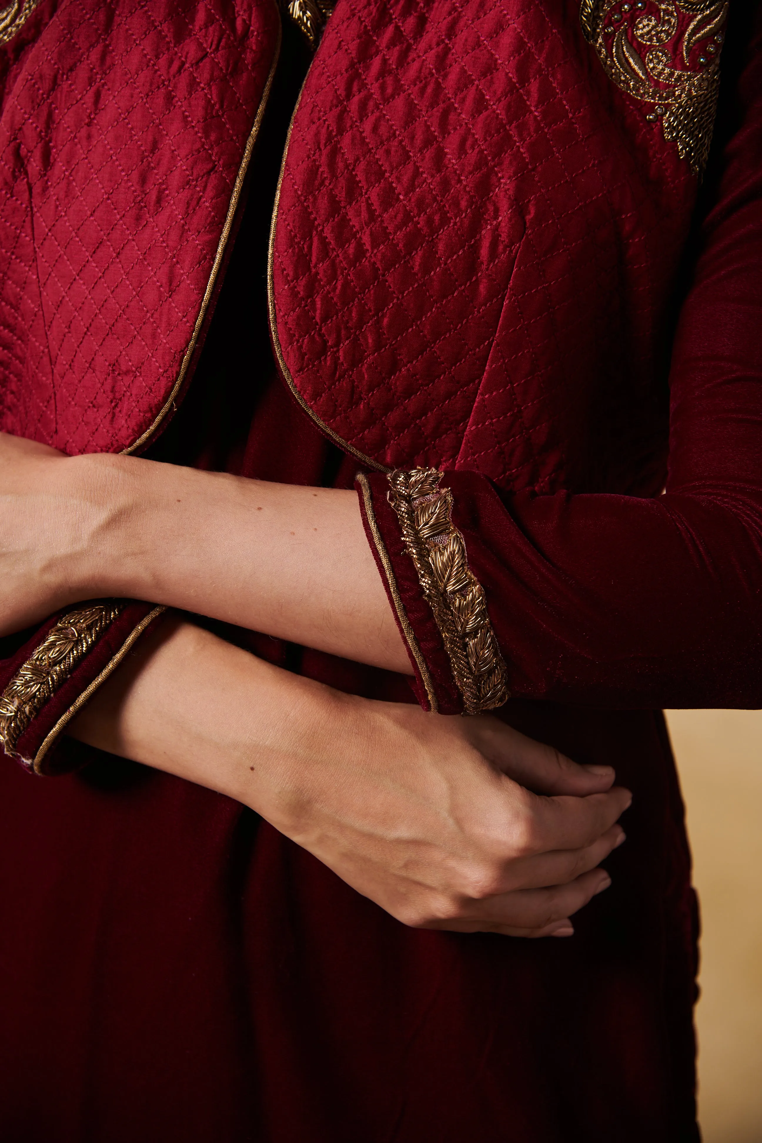 Burgundy wine quilted silk bolero jacket with zardozi dabka motifs