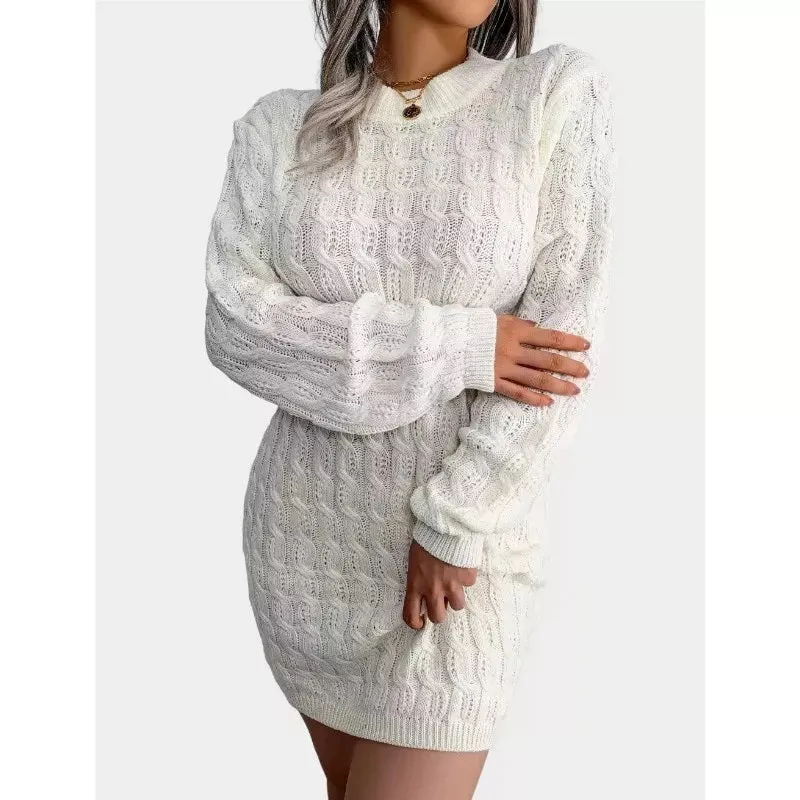 Cable Knit White Sweater Dress Crew Neck