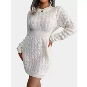 Cable Knit White Sweater Dress Crew Neck