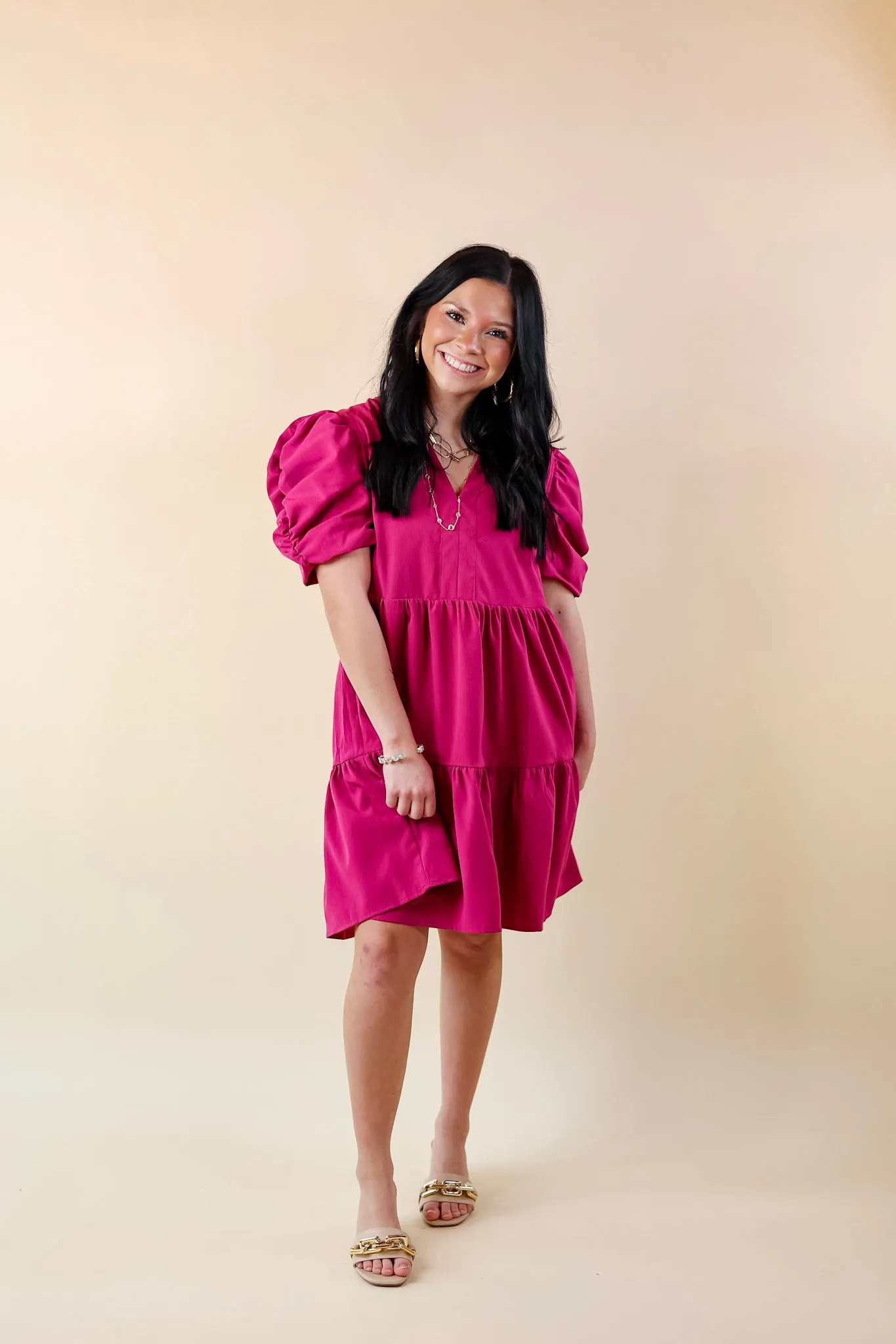 Call Me Chic Balloon Sleeve Short Dress in Magenta Purple