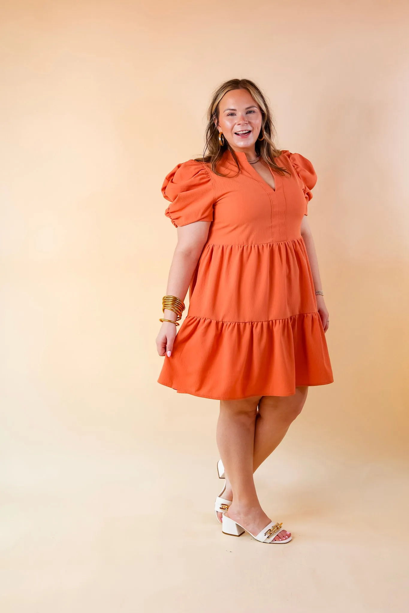 Call Me Chic Balloon Sleeve Short Dress in Salmon Orange