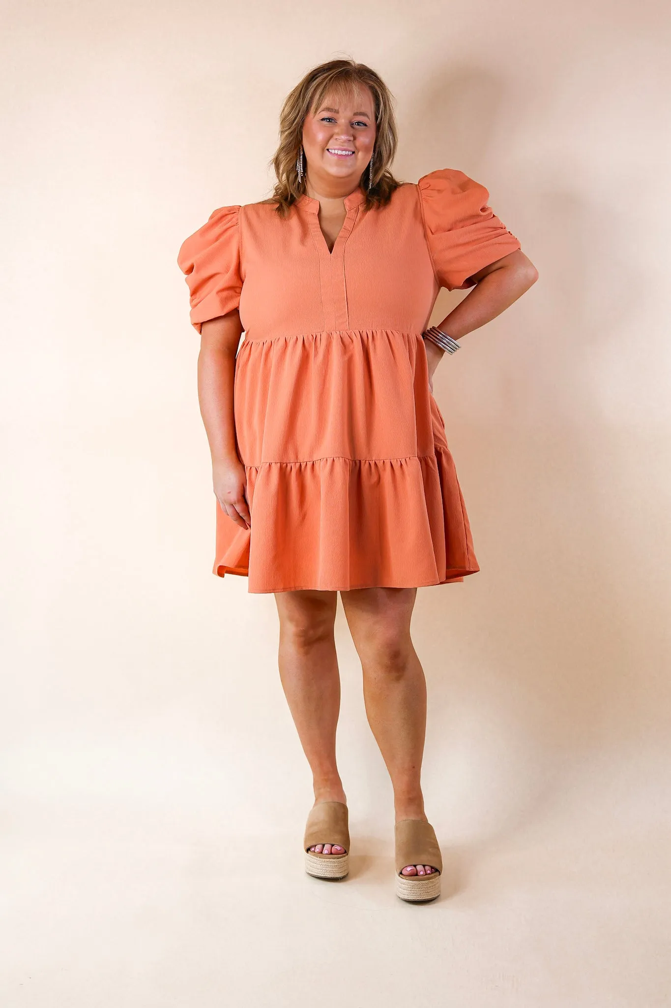 Call Me Chic Balloon Sleeve Short Dress in Salmon Orange