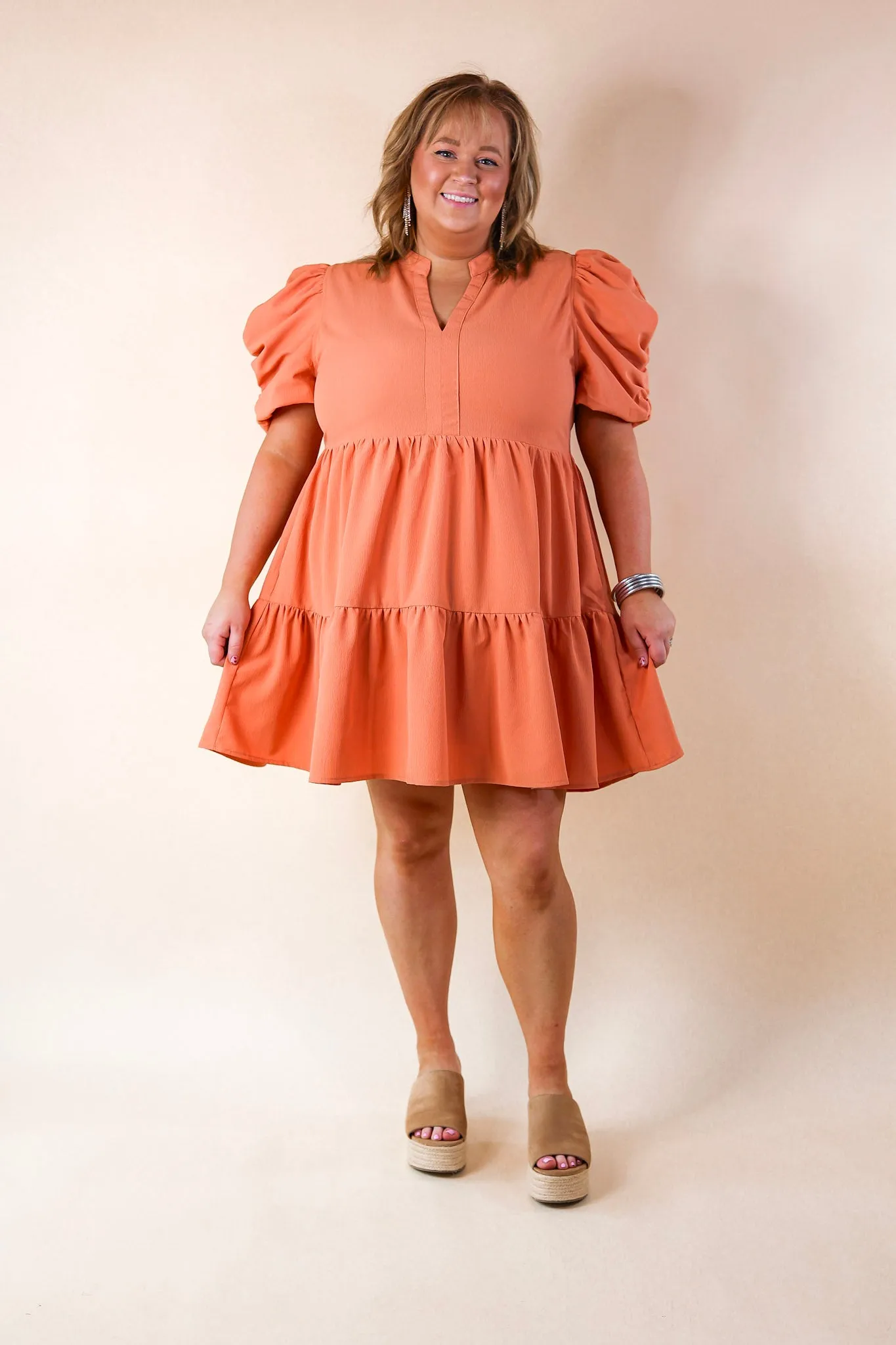 Call Me Chic Balloon Sleeve Short Dress in Salmon Orange