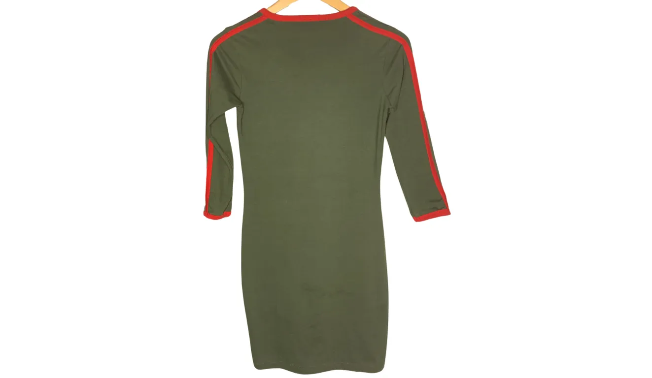 Casual Olive Green Knit Dress with Red Racer Stripe, S/M