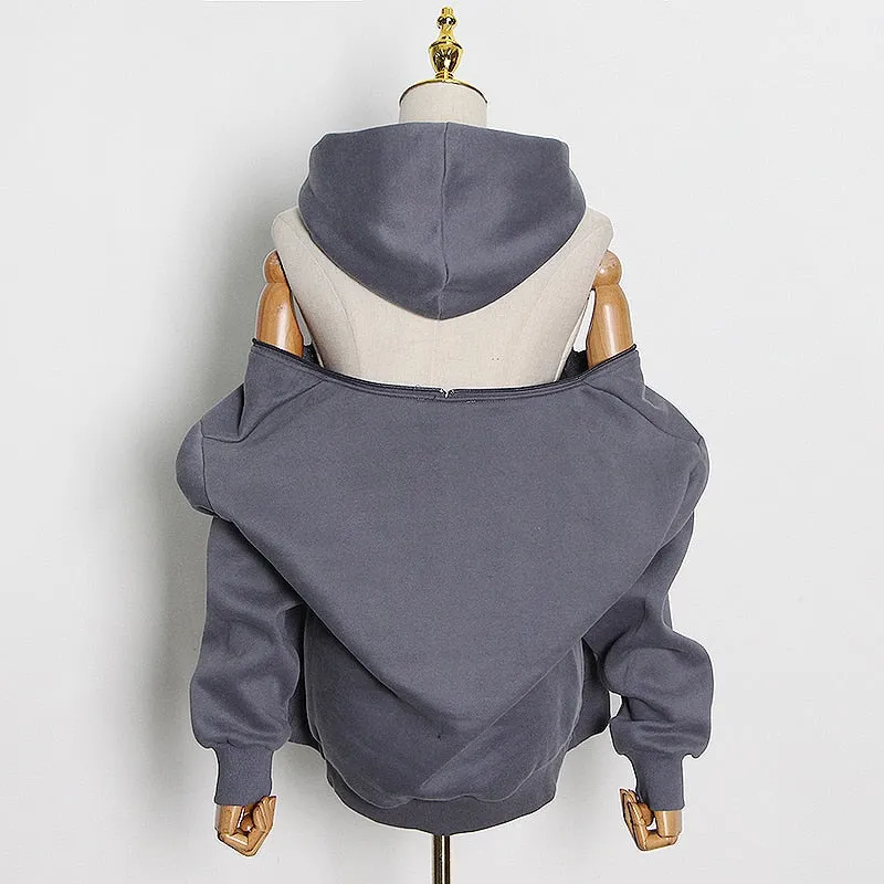 Casual Solid Sweatshirt For Women Hooded Collar Long Sleeve Hollow Out Minimalist Sweatshirts Female Fashion Fall