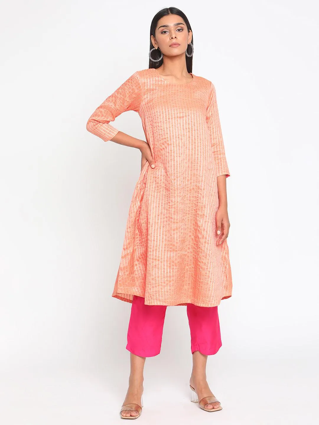 Chanderi Peach Striped Flared Kurta