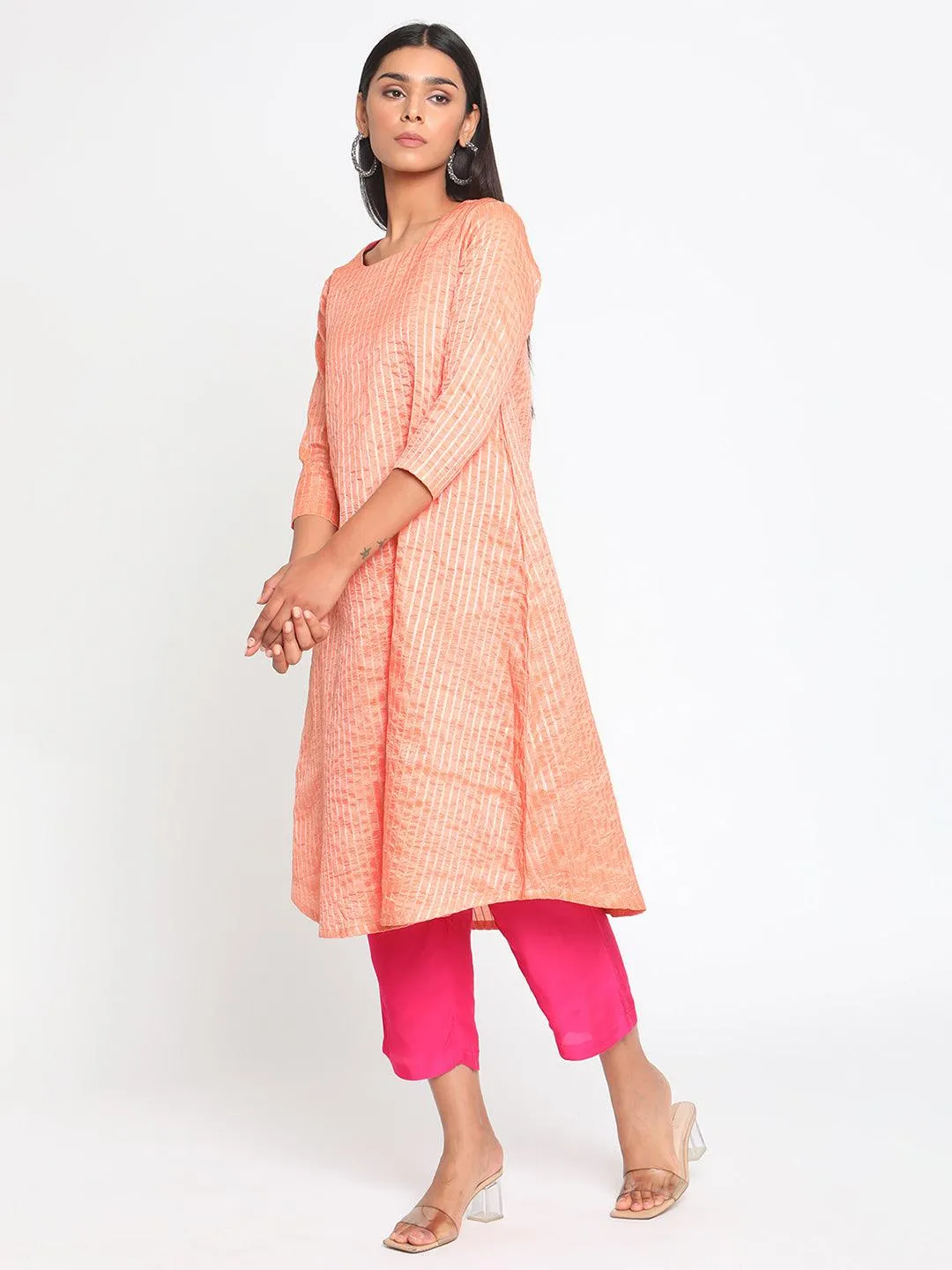 Chanderi Peach Striped Flared Kurta