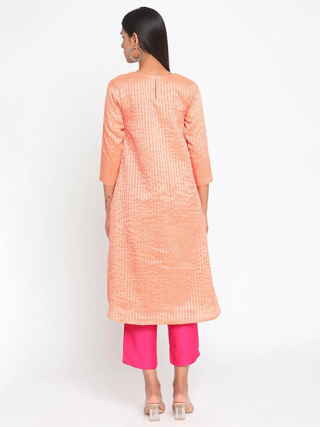 Chanderi Peach Striped Flared Kurta