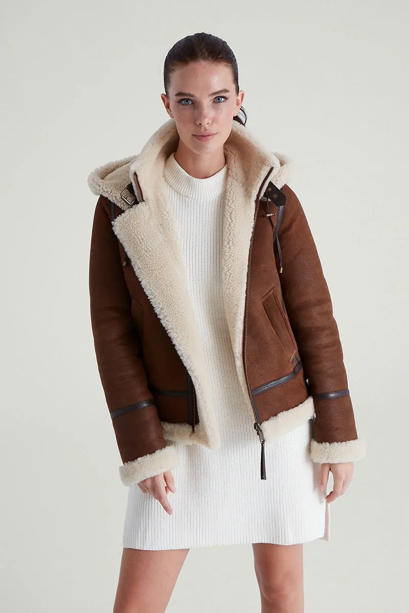 Chloe Women's Shearling Sheepskin Jacket with Detachable Hood - Whiskey