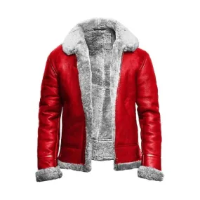 Christmas Red A2 Bomber Aviator Fur Leather Jacket