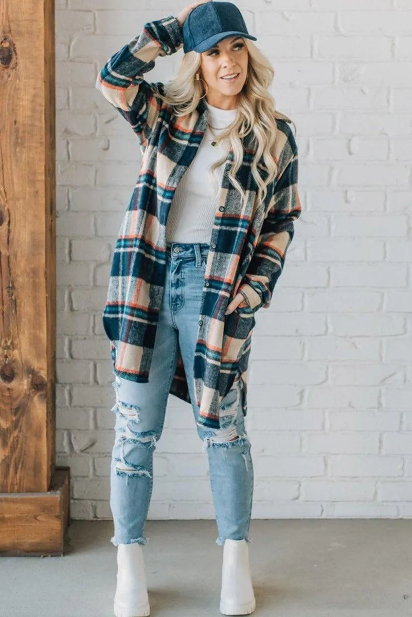 Classic Navy and Beige Plaid Mid Length Shacket