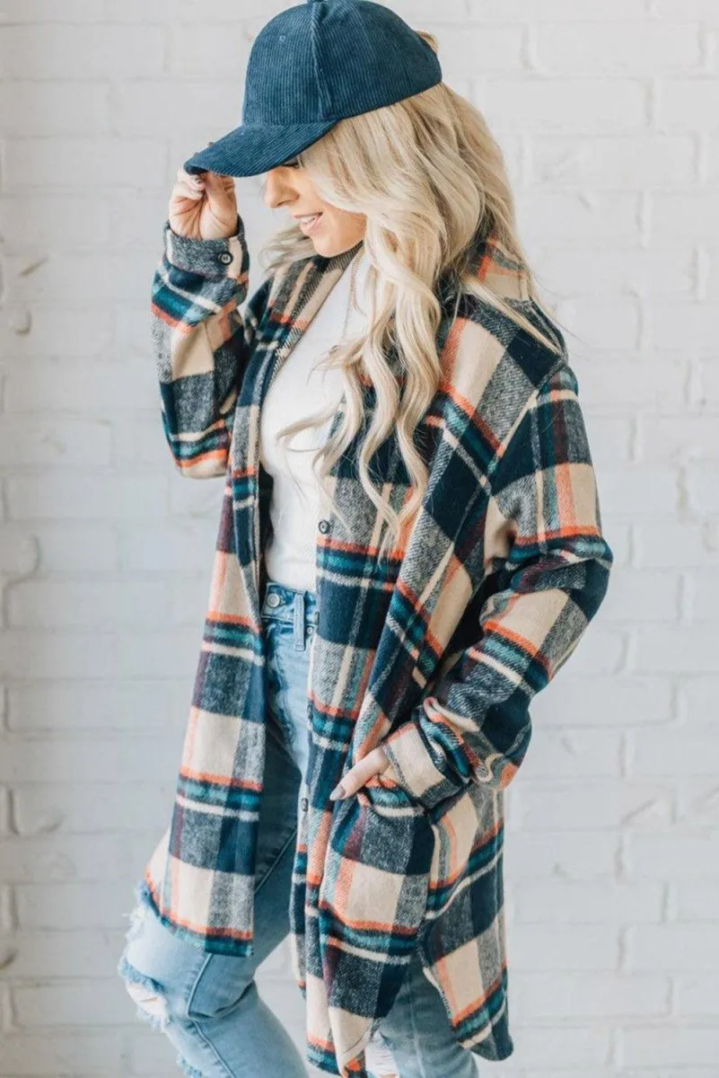 Classic Navy and Beige Plaid Mid Length Shacket