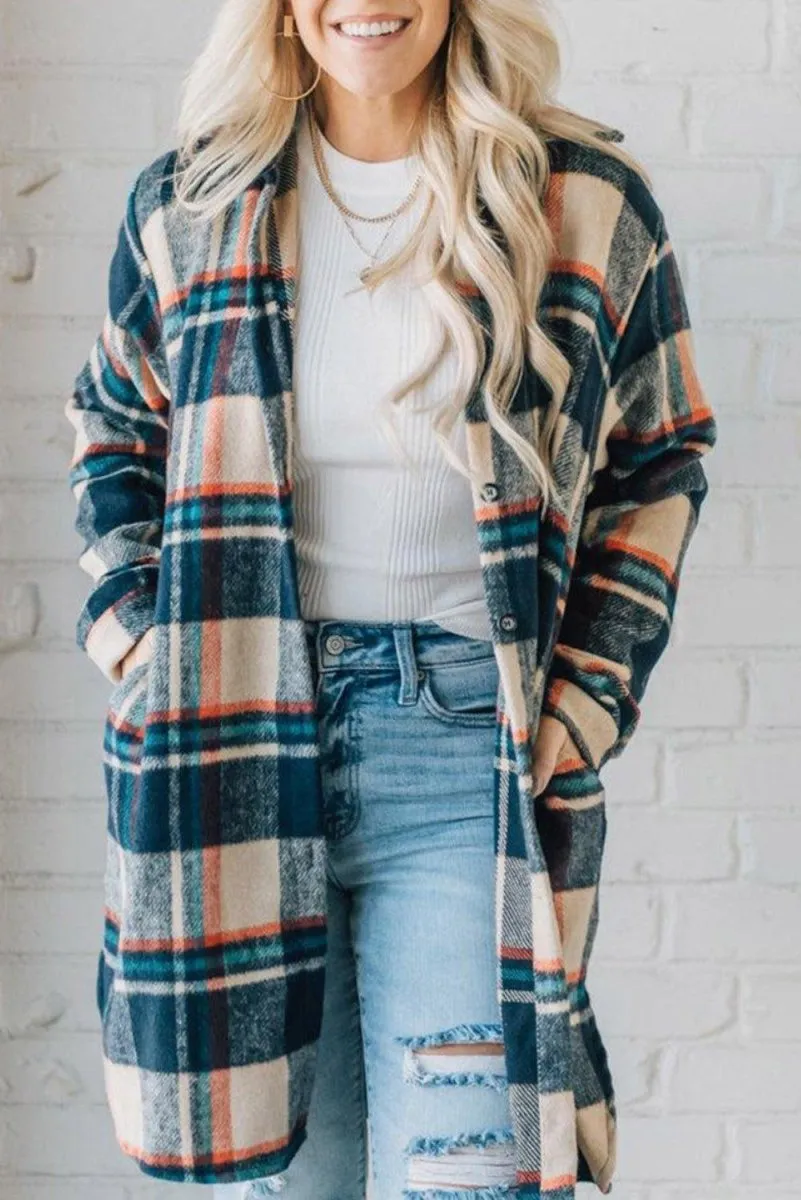 Classic Navy and Beige Plaid Mid Length Shacket