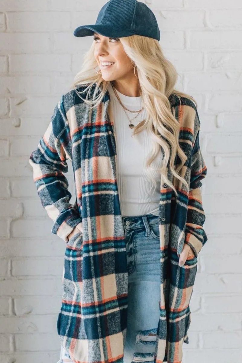 Classic Navy and Beige Plaid Mid Length Shacket