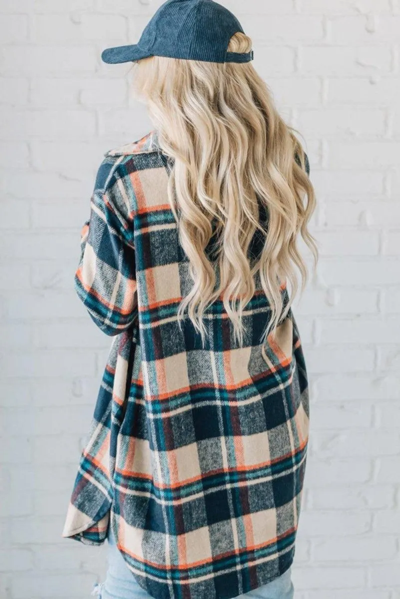 Classic Navy and Beige Plaid Mid Length Shacket