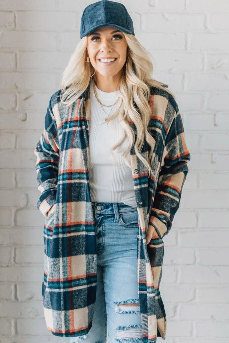 Classic Navy and Beige Plaid Mid Length Shacket