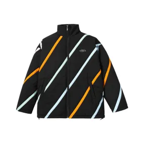 Contrasting color diagonal stripe printed label drop cuff stretch rope hem cotton-padded jacket