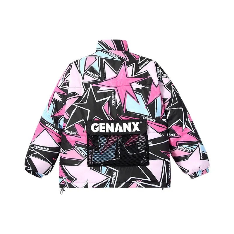 Contrasting color geometric five-pointed star printed elastic rope hem button stand collar padded jacket