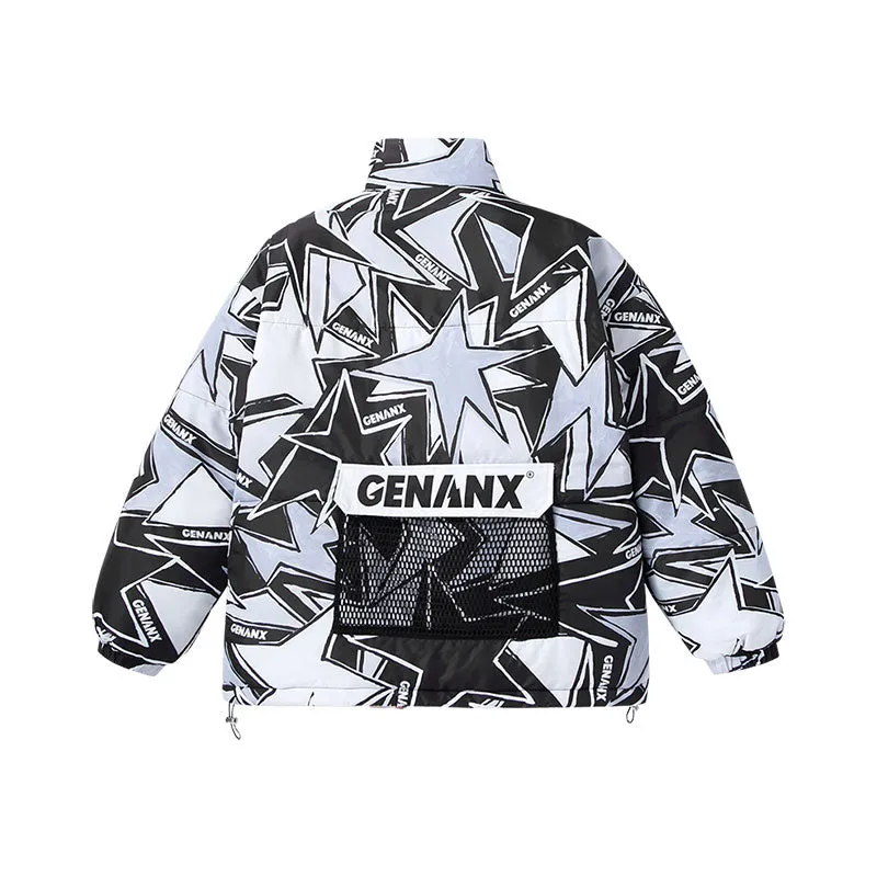 Contrasting color geometric five-pointed star printed elastic rope hem button stand collar padded jacket