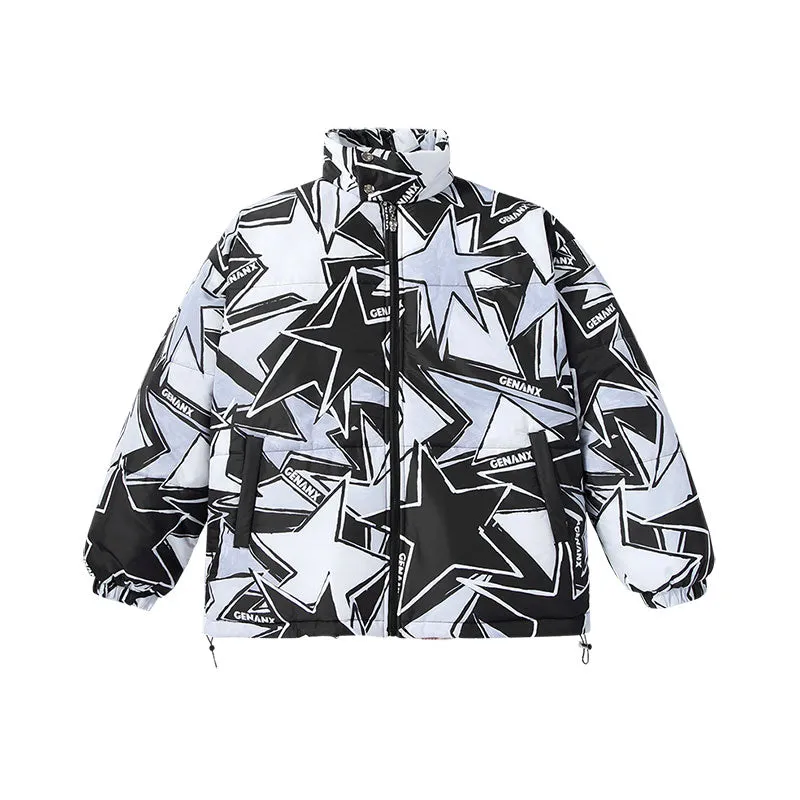 Contrasting color geometric five-pointed star printed elastic rope hem button stand collar padded jacket