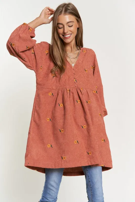 Corduroy Sunflower Mini Dress