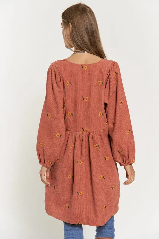 Corduroy Sunflower Mini Dress