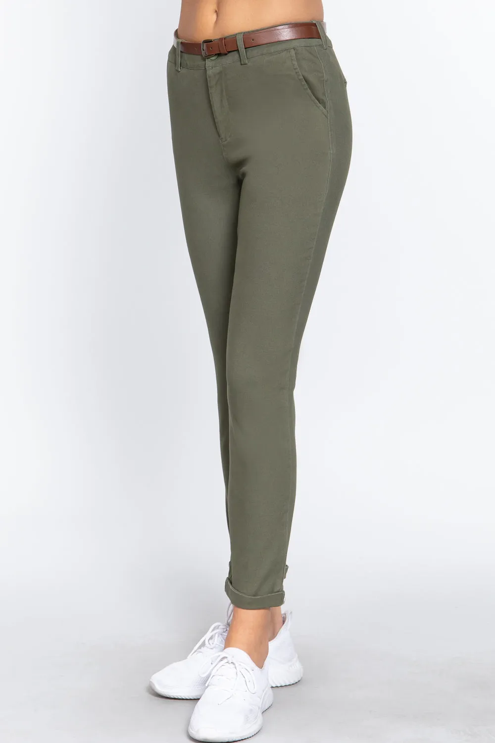 Cotton-span Twill Belted Long Pants - 8 colors