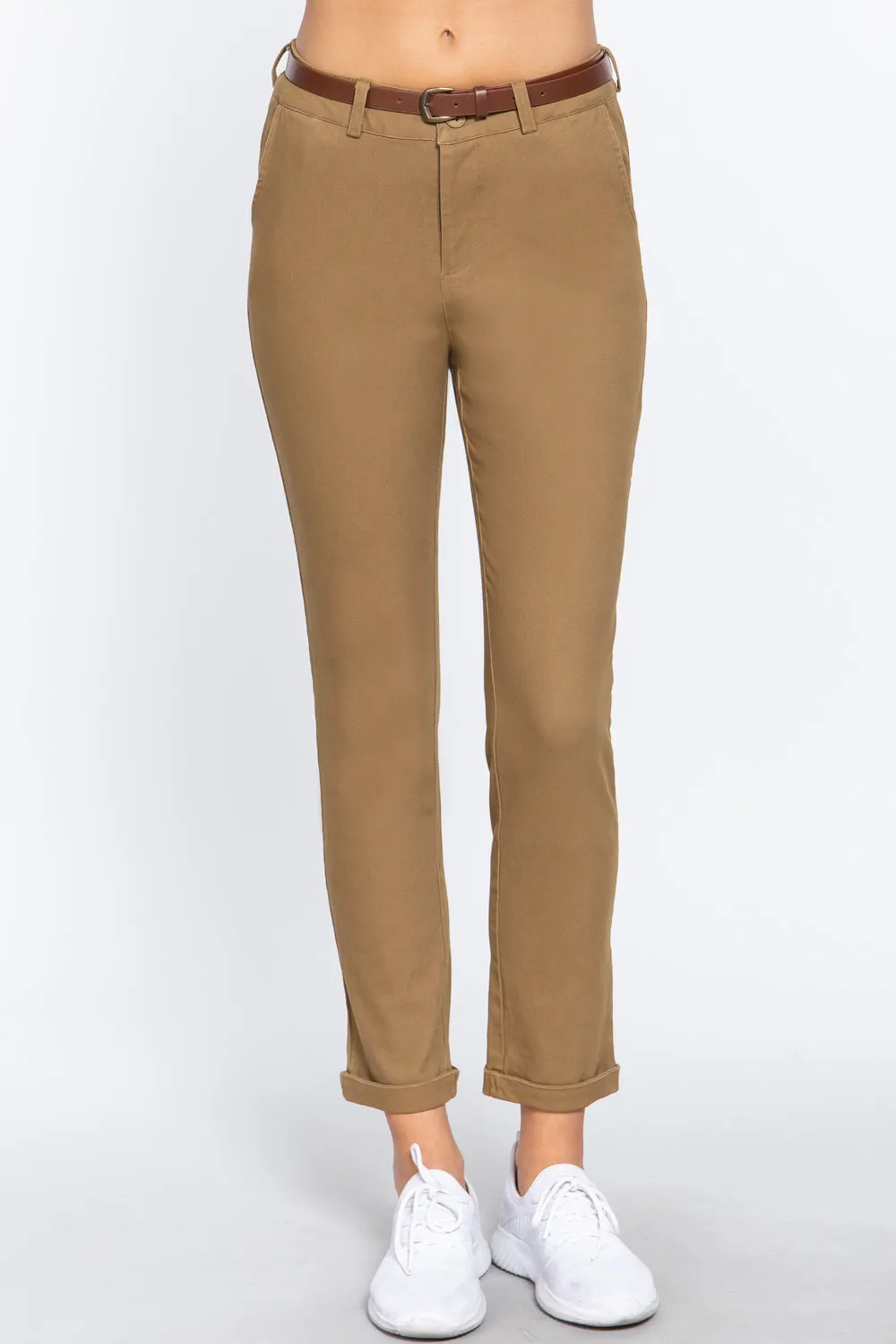 Cotton-span Twill Belted Long Pants - 8 colors