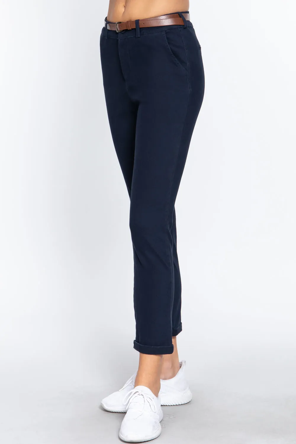 Cotton-span Twill Belted Long Pants - 8 colors