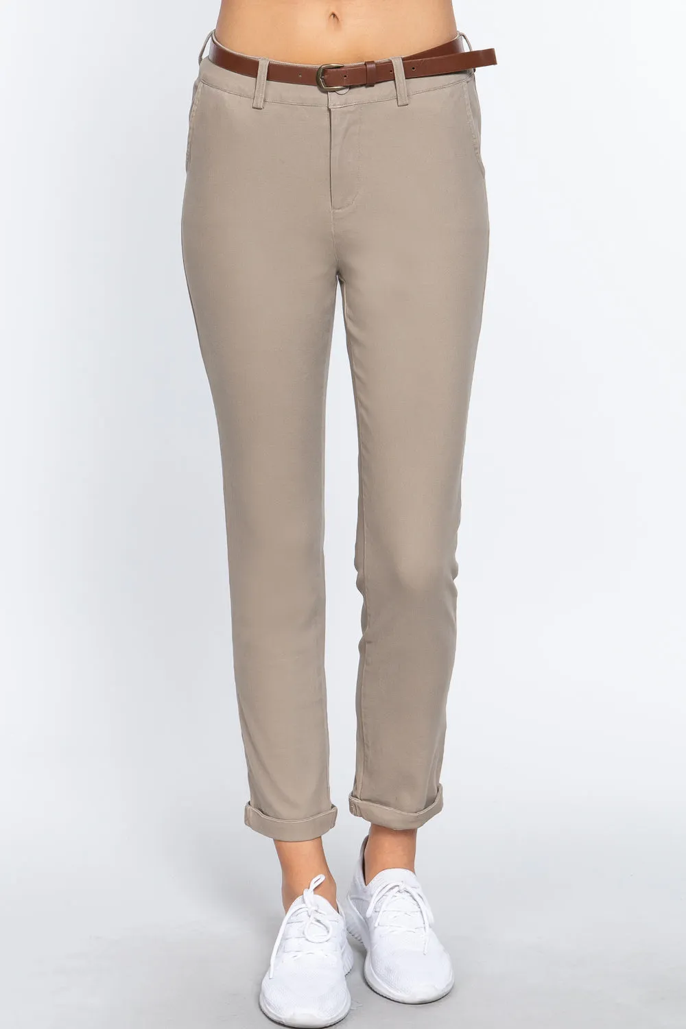 Cotton-span Twill Belted Long Pants - 8 colors