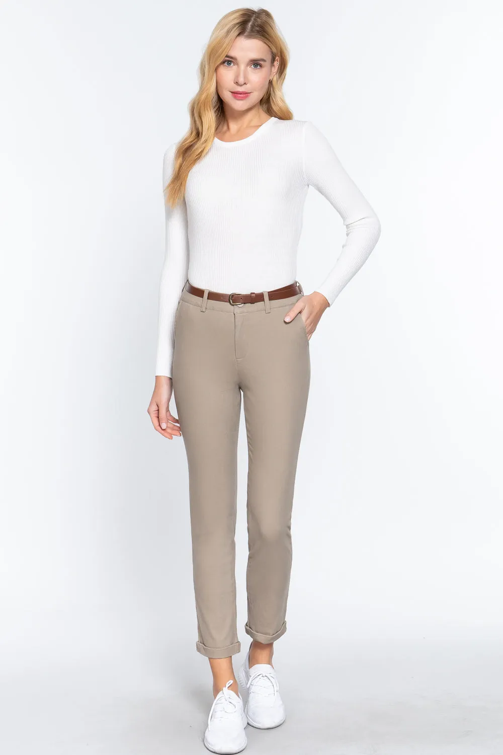 Cotton-span Twill Belted Long Pants - 8 colors