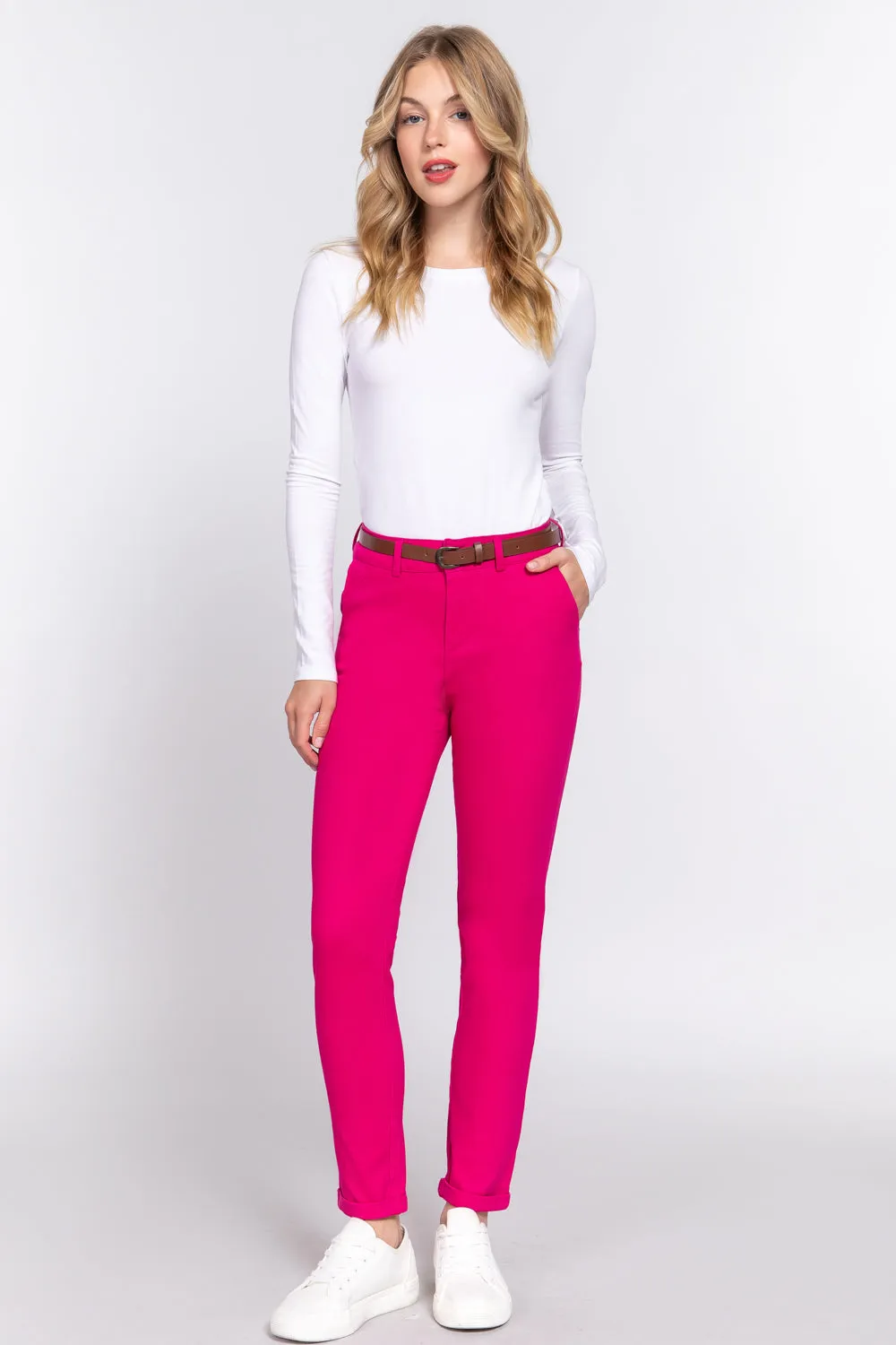 Cotton-span Twill Belted Long Pants - 8 colors