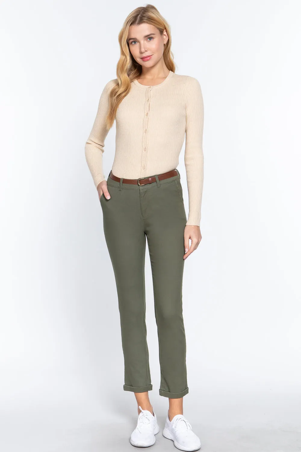 Cotton-span Twill Belted Long Pants - 8 colors