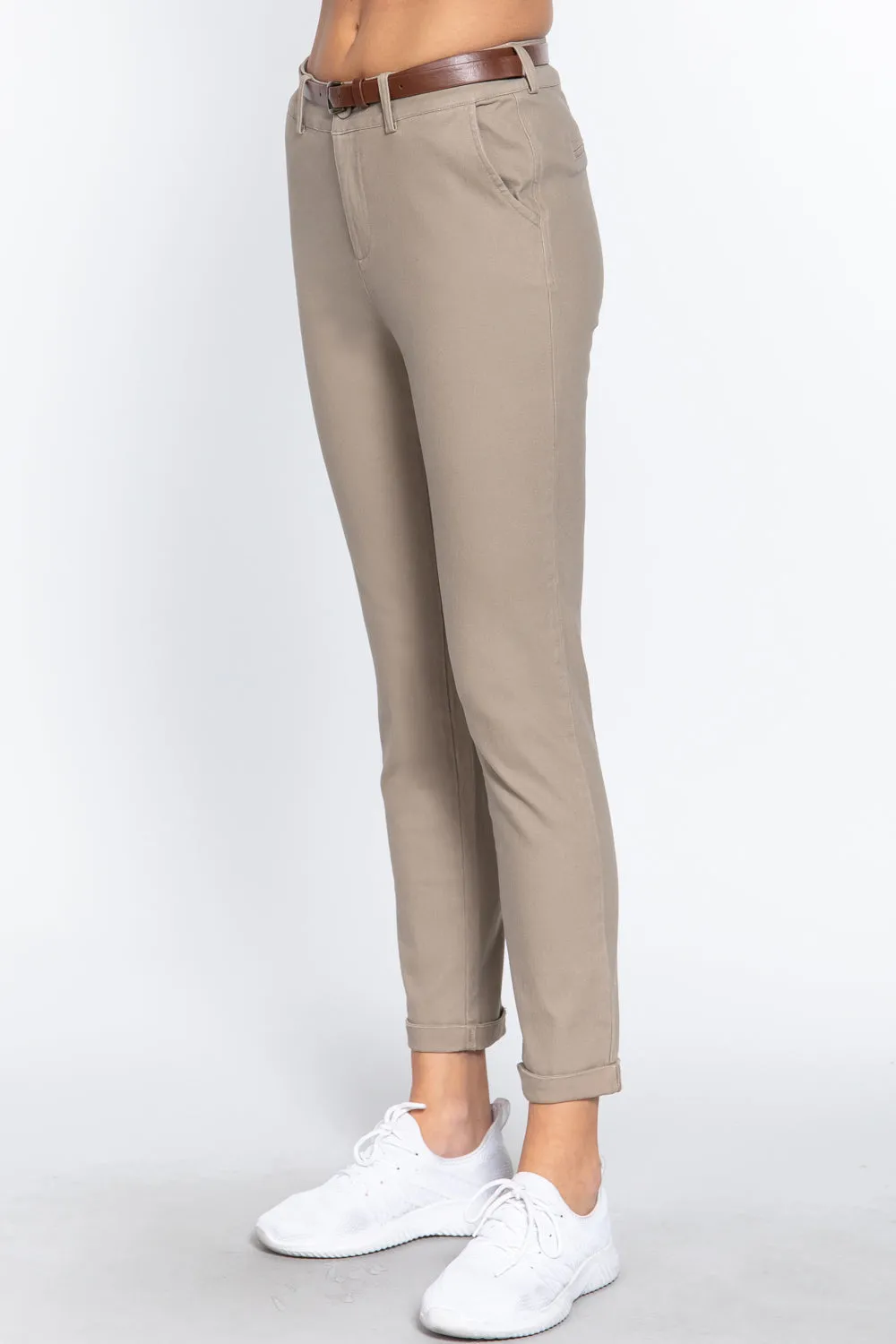 Cotton-span Twill Belted Long Pants - 8 colors