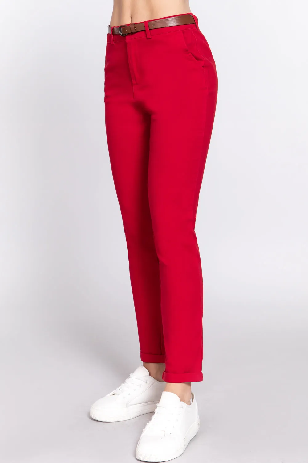 Cotton-span Twill Belted Long Pants - 8 colors