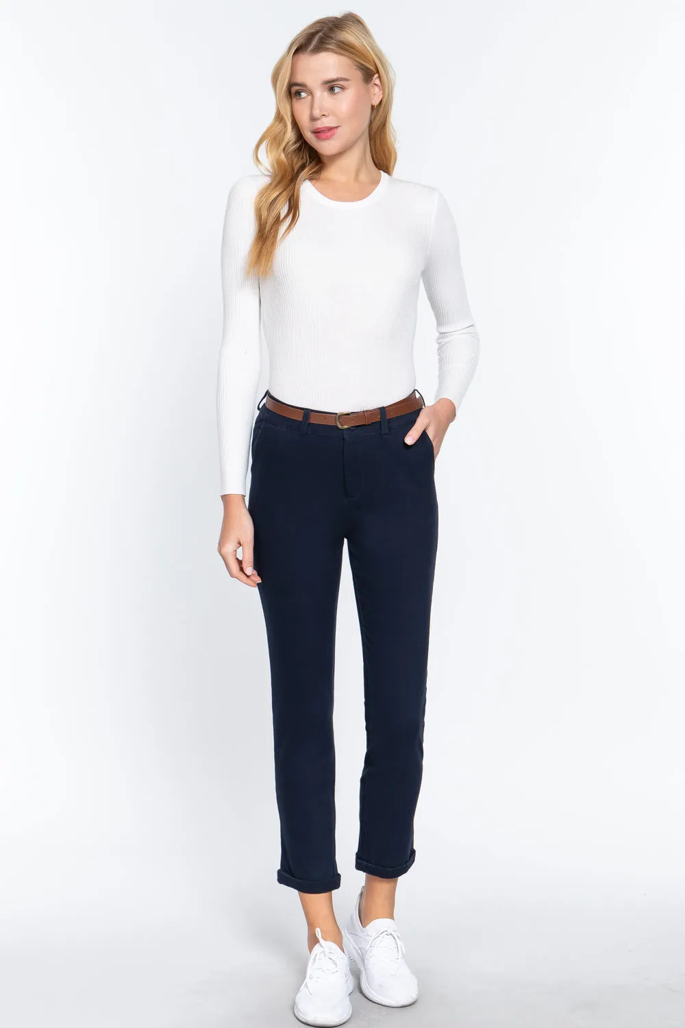 Cotton-span Twill Belted Long Pants - 8 colors