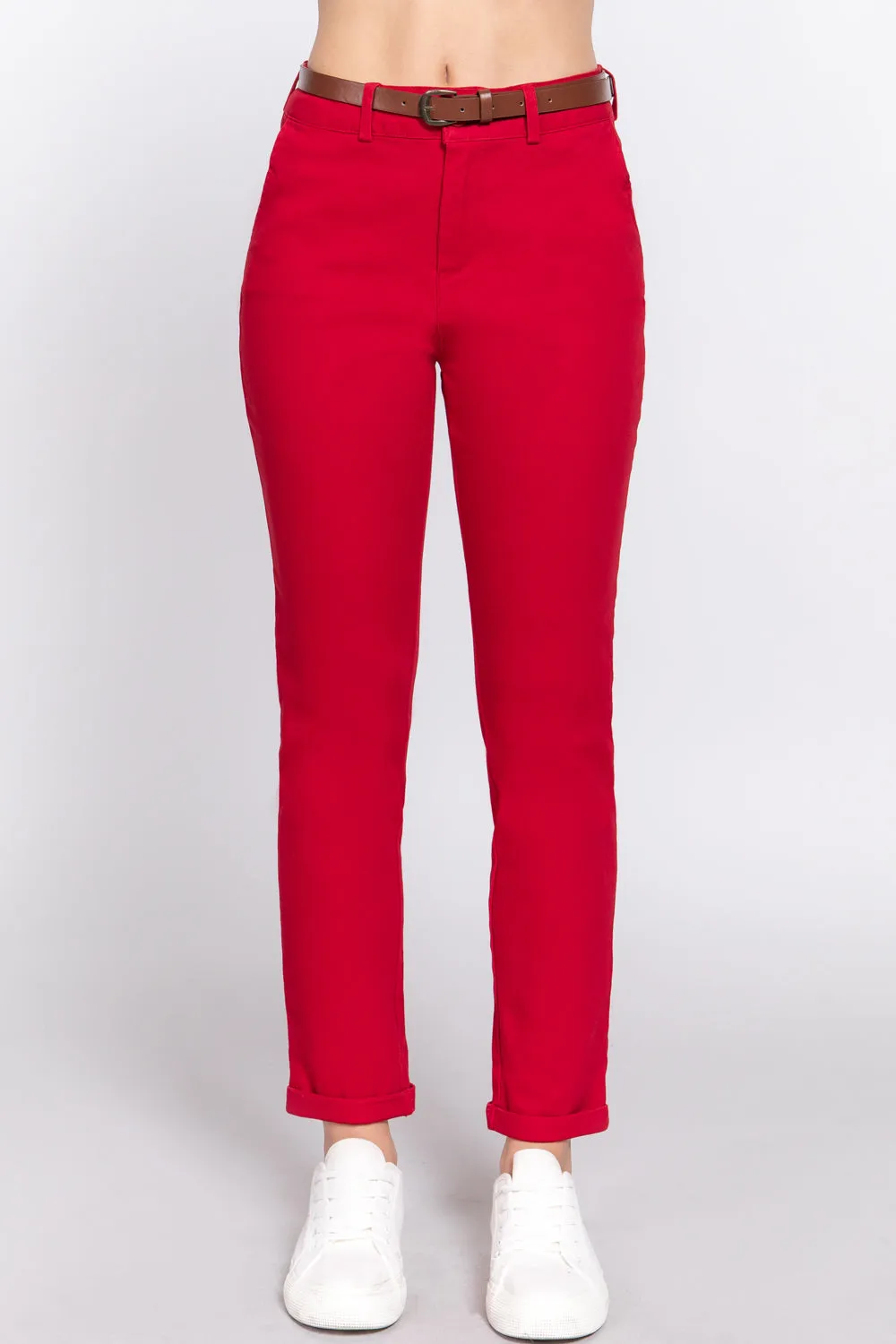 Cotton-span Twill Belted Long Pants - 8 colors