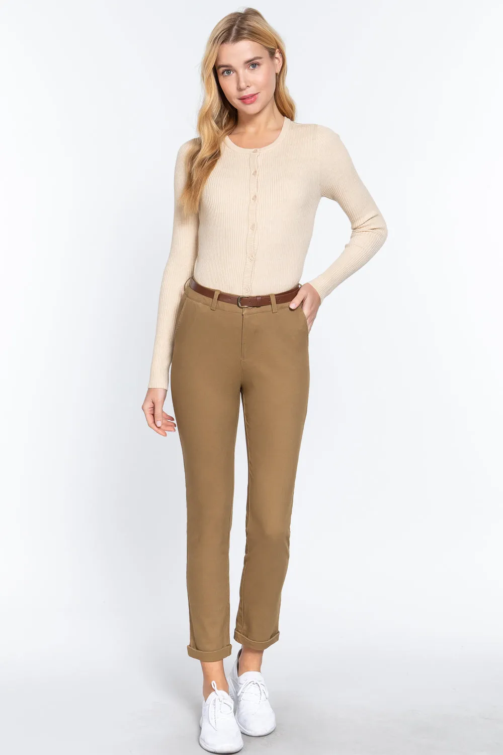 Cotton-span Twill Belted Long Pants - 8 colors