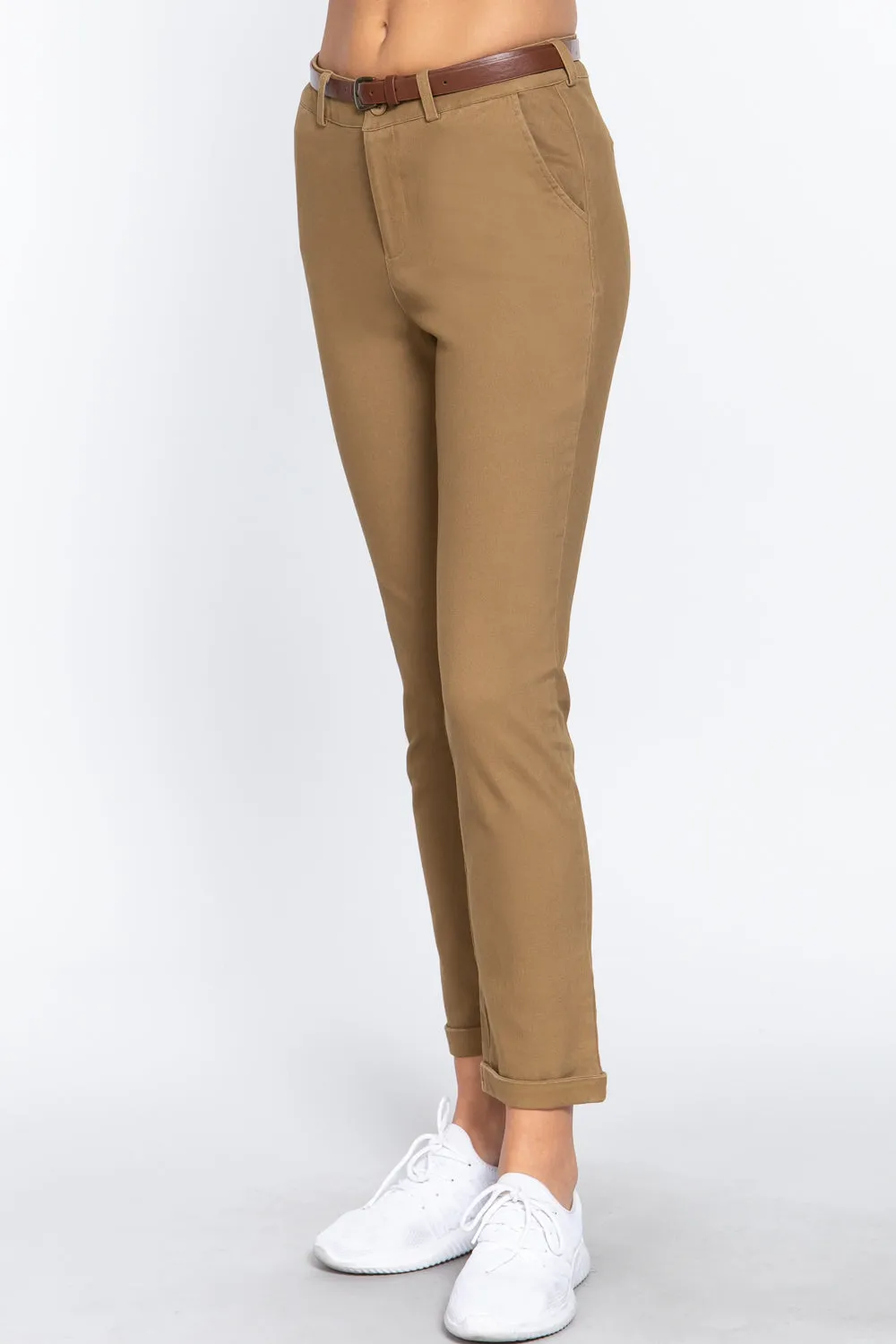 Cotton-span Twill Belted Long Pants - 8 colors