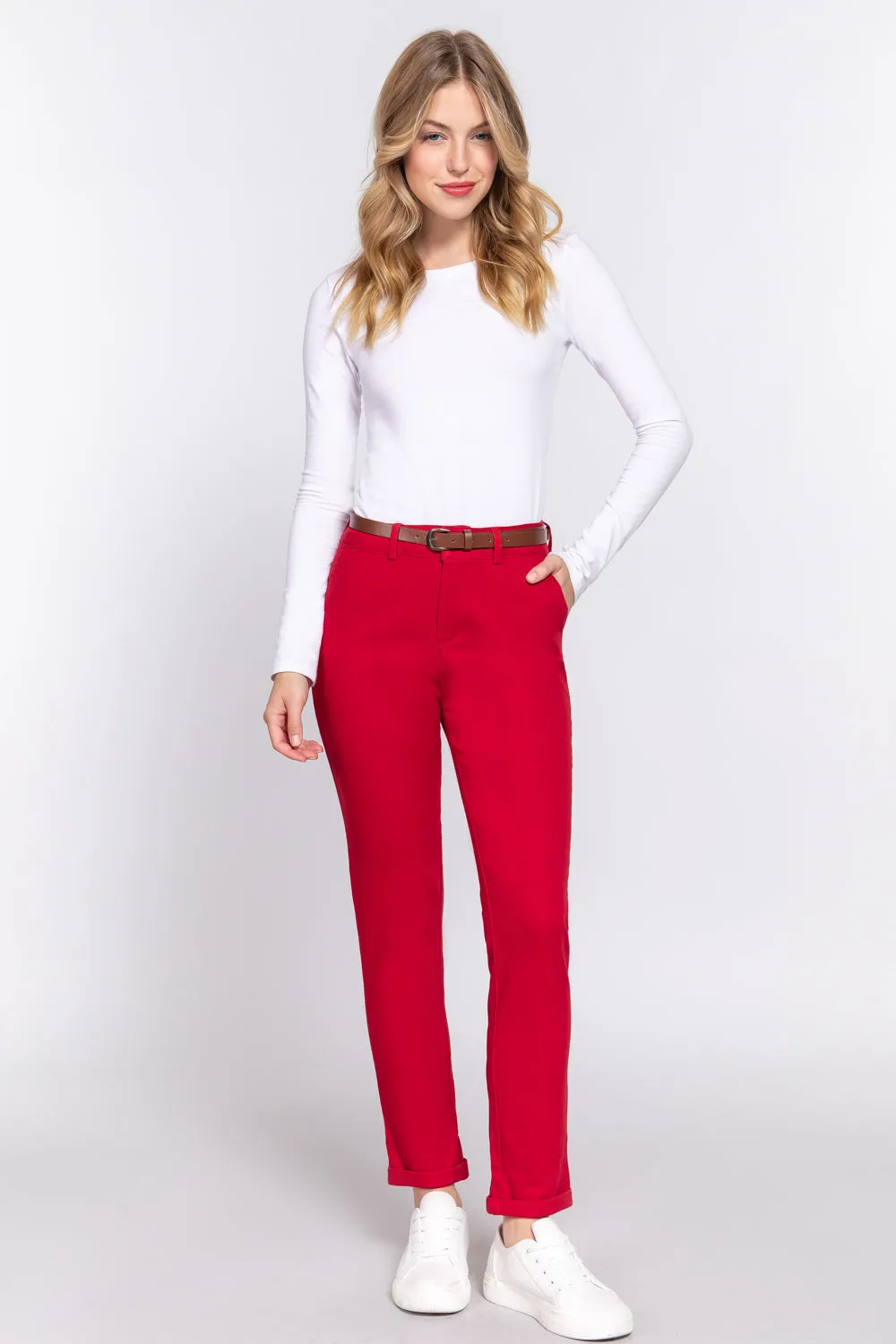 Cotton-span Twill Belted Long Pants - 8 colors