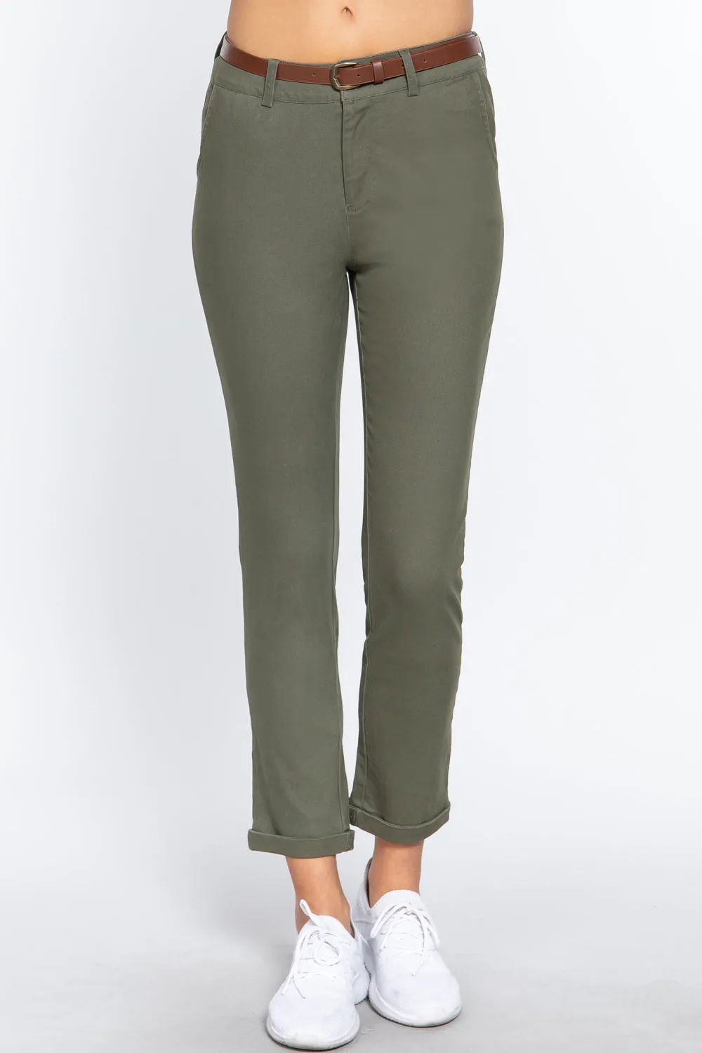 Cotton-span Twill Belted Long Pants - 8 colors